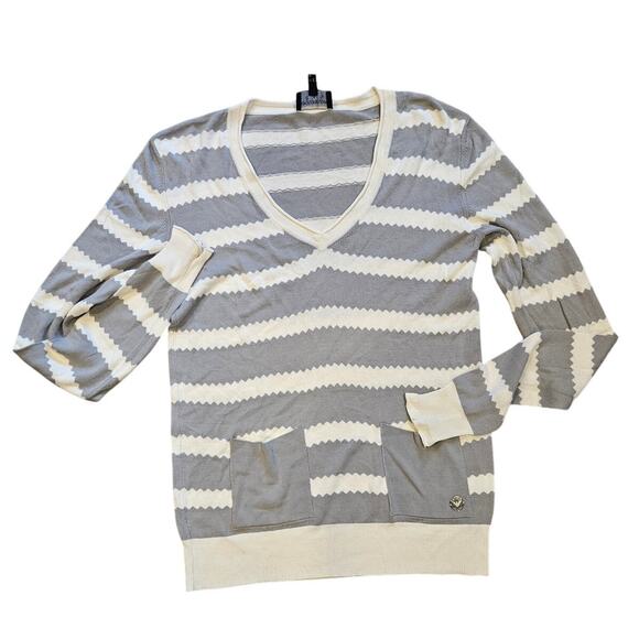 Emporio Armani Jeans Gray Cream Striped V-Neck Knit Long Sleeve sz 8 Minimalist - Picture 1 of 6